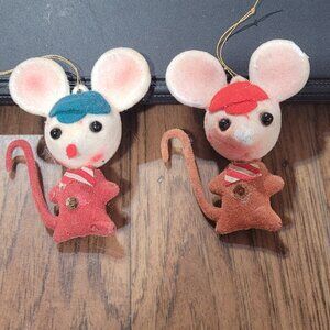 2 Vtg Flocked Blow Mold Mouse Ornaments